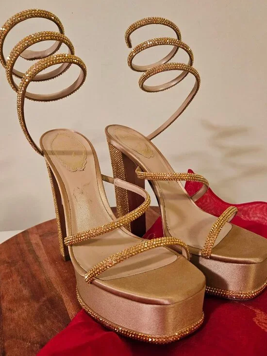 Rene Caovilla 38.5 Cleo Gold Platform Crystal Wrap Strap Sandal Block Heel Pump - Picture 5 of 12